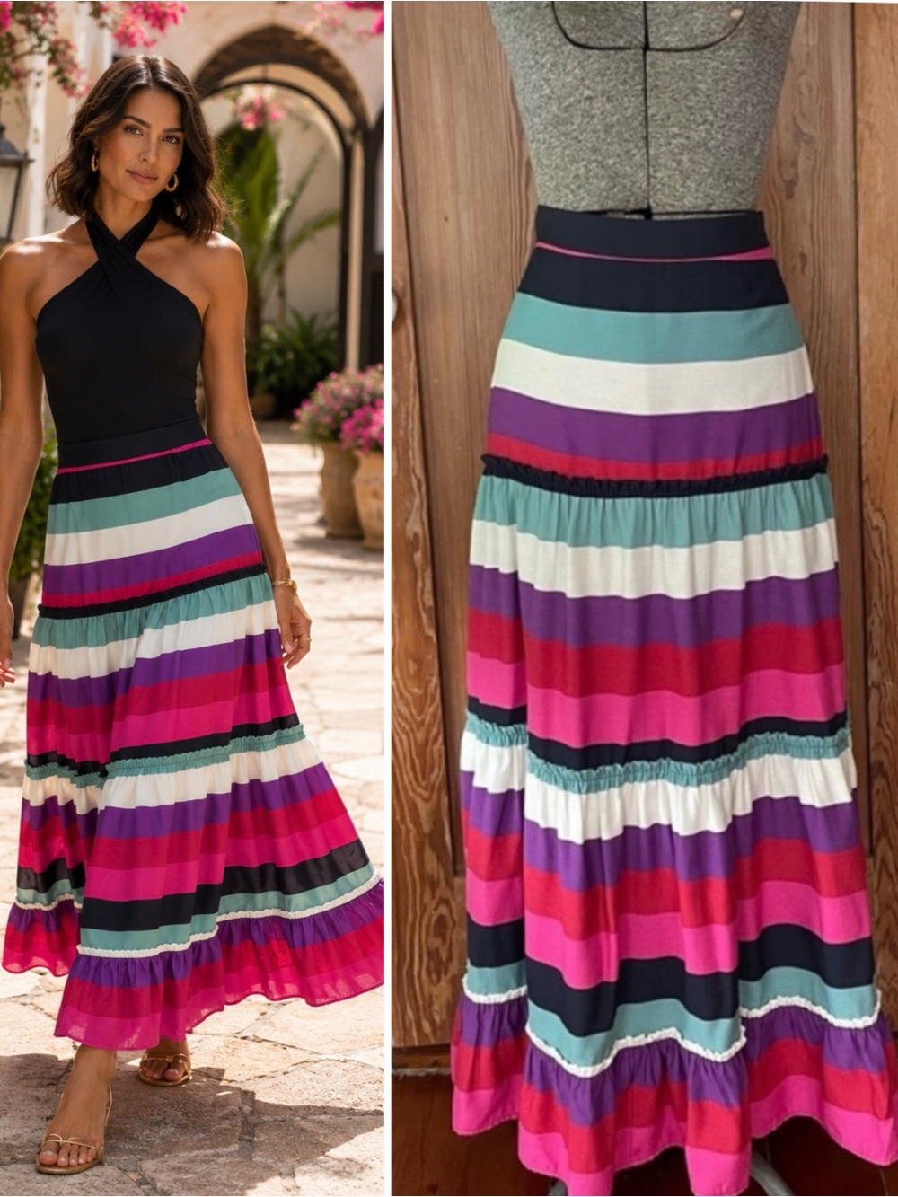 Nordstrom’s 1901 HAMPTONS Tiered Colorful Stripe Maxi Skirt - Sz 6 🧡🎀